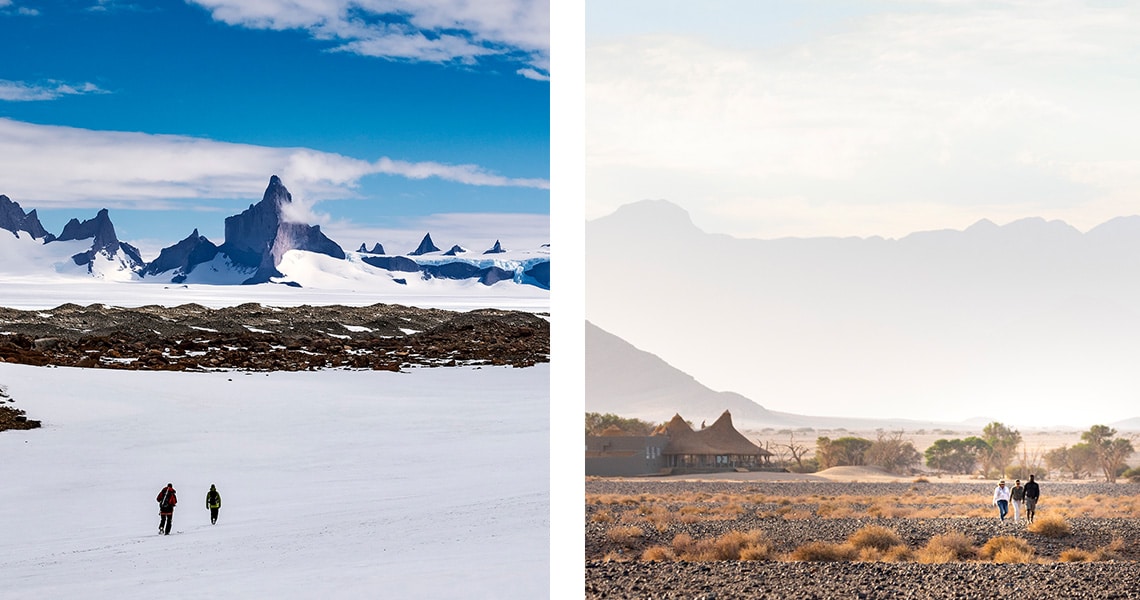 White Desert, Drygalski Range ©Marko Prezelj (Left), Wilderness Safaris, Little Kulala ©TCunniffe (Right)