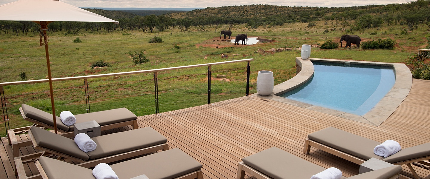 The expansive wooden deck at Mhondoro Safari Lodge & Villa in Limpopo’s Welgevonden Game Reserve 