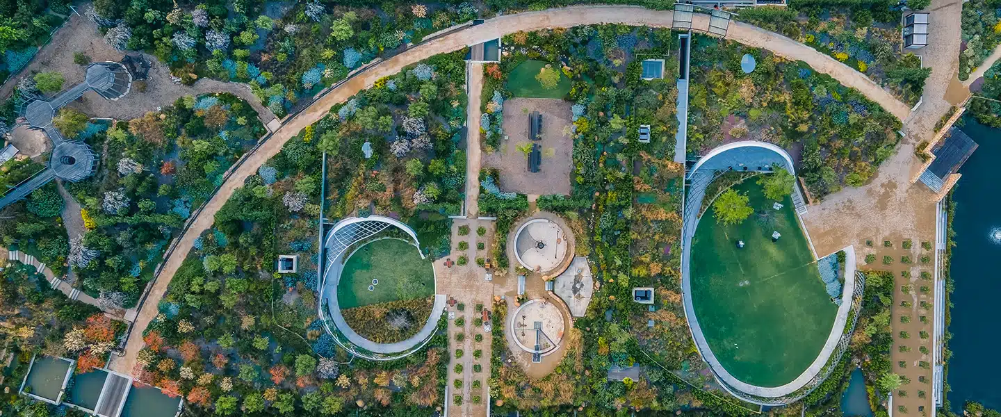 n aerial view of the awarding-winning landscaped gardens on Bsojes Farm. Credit: Ryan Enslin